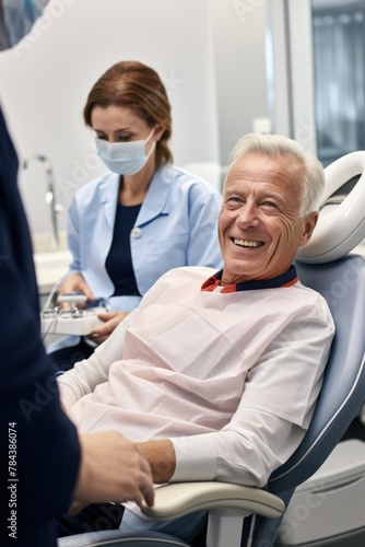 A man sitting in a dentist s chair with a smile  suitable for dental or healthcare concepts