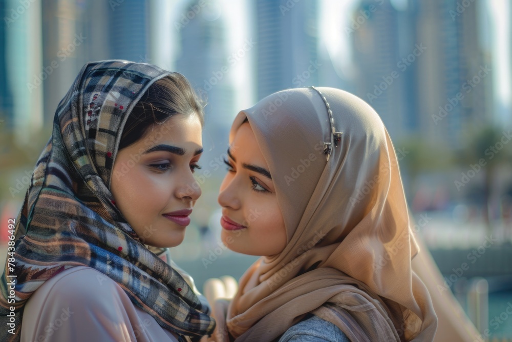Two women wearing hijabs standing side by side Two women wearing hijabs standing side by side