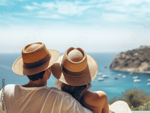 A man and a woman sitting on a bench by the ocean