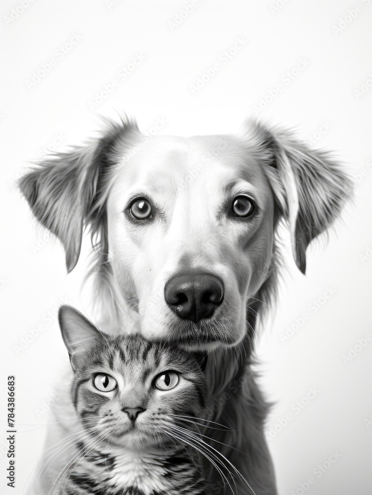 A simple black and white photo of a dog and a cat A simple black and white photo of a dog and a cat