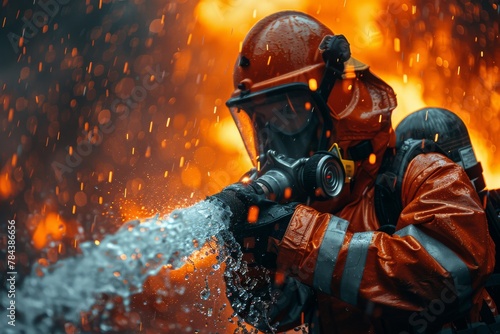 A firefighter in full protective clothing directs a stream of water at a fierce blaze amid sparks and smoke photo