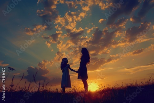 A heartwarming image of a mother and daughter holding hands in a beautiful field at sunset. Perfect for family and love-themed projects © Fotograf