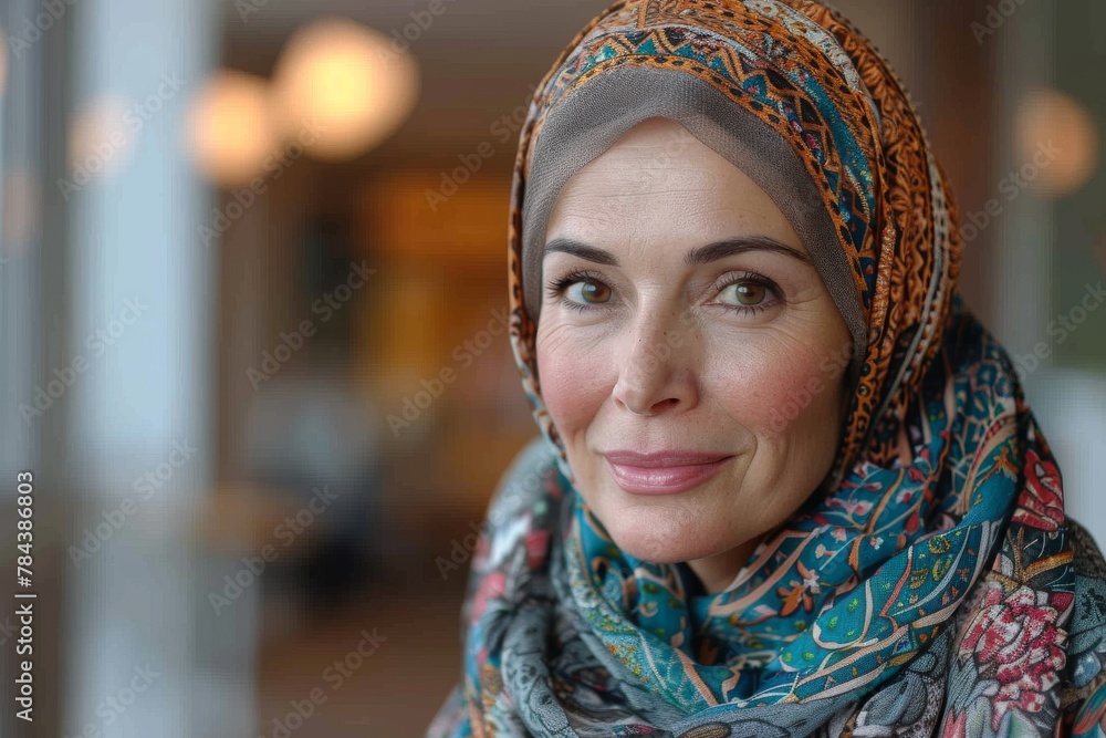 A mature woman wearing a stylish headscarf smiles gently into the camera, her face the picture of serene beauty