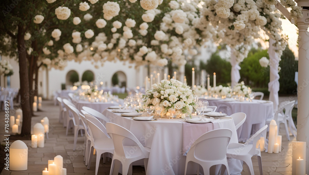 A table set for a wedding reception with white flowers and candles.

