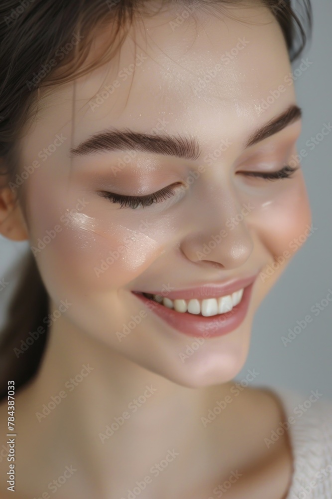 A close-up shot of a woman smiling with her eyes closed. Perfect for advertising and beauty campaigns A close-up shot of a woman smiling with her eyes closed. Perfect for advertising and beauty campaigns