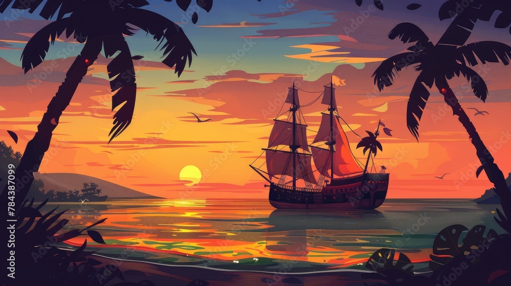 Pirate ship near sunset cartoon vector background at sea island beach orange evening sky Ocean landscape with green palm trees
