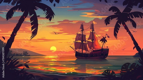 Pirate ship near sunset cartoon vector background at sea island beach orange evening sky Ocean landscape with green palm trees