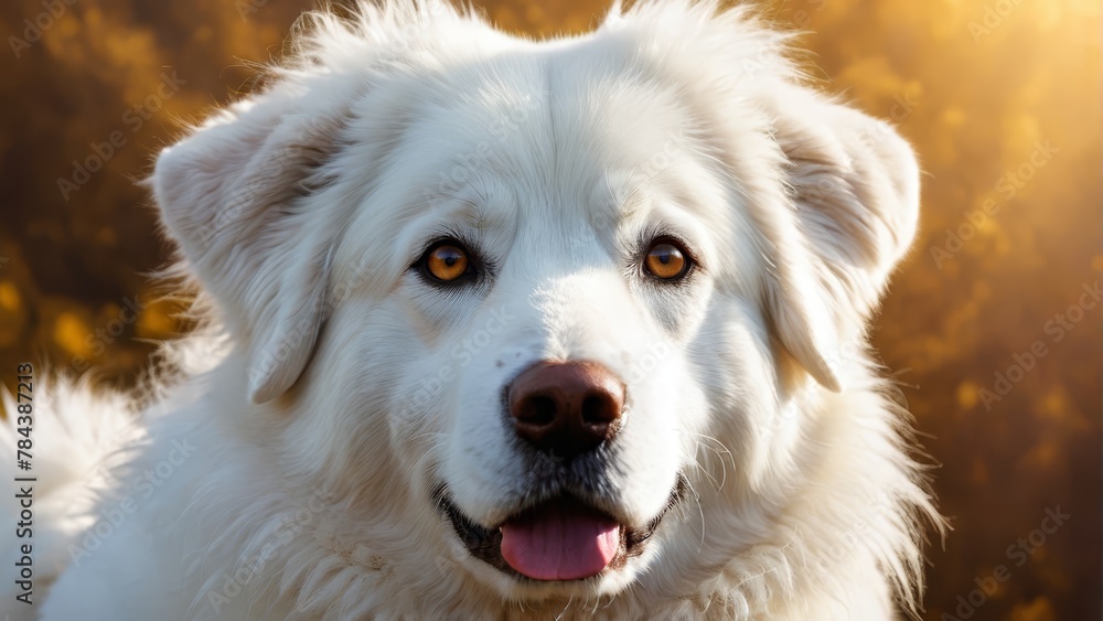 A tight shot of a white dog's expression as sun rays filter through the tree canopy behind A tight shot of a white dog's expression as sun rays filter through the tree canopy behind