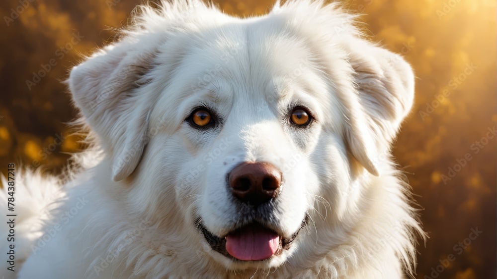   A tight shot of a white dog's expression as sun rays filter through the tree canopy behind