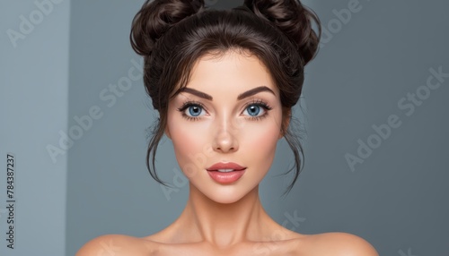  A lovely young woman with blue eyes and a bun poses confidently for the camera, her hands resting on her hips
