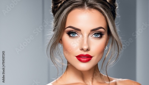  A woman dons a white dress, adorned with a red lip and a bow in her hair The vibrant red lipstick matches the bow accessory, enhancing her elegant appearance