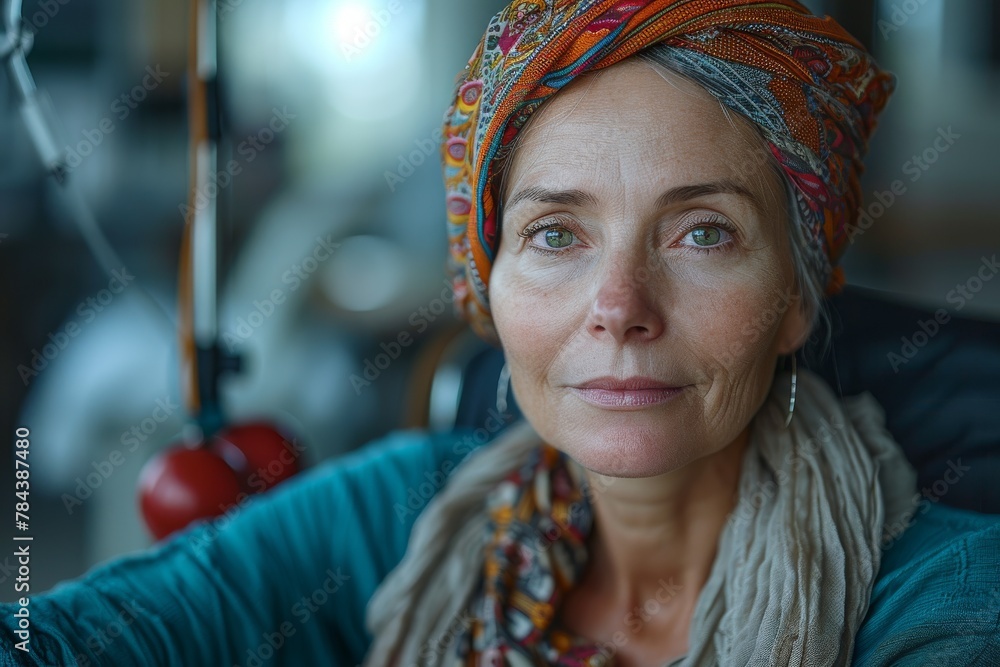 A mature woman with an expressive gaze and colorful headwear poses indoors with a subtle smile A mature woman with an expressive gaze and colorful headwear poses indoors with a subtle smile