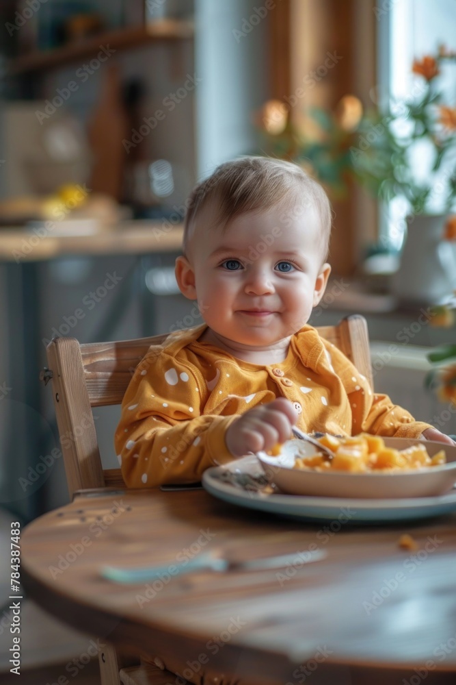 A baby sitting at a table with a plate of food. Suitable for family and mealtime concepts A baby sitting at a table with a plate of food. Suitable for family and mealtime concepts