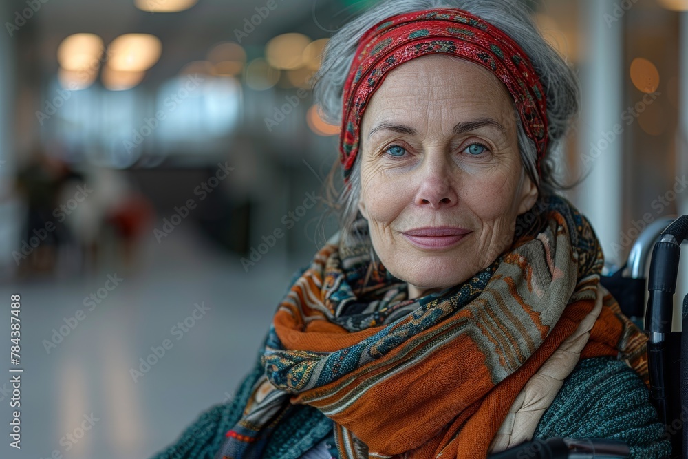 Portrait of a senior woman with a headscarf, sitting in a wheelchair, looking serene in an indoor setting Portrait of a senior woman with a headscarf, sitting in a wheelchair, looking serene in an indoor setting