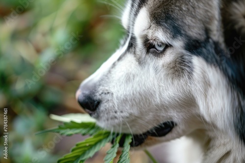 Close up of a dog holding a leaf in its mouth  suitable for pet or nature concepts