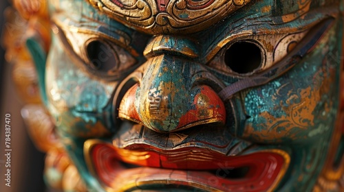Close-up shot of a mask on a table, perfect for various design projects photo