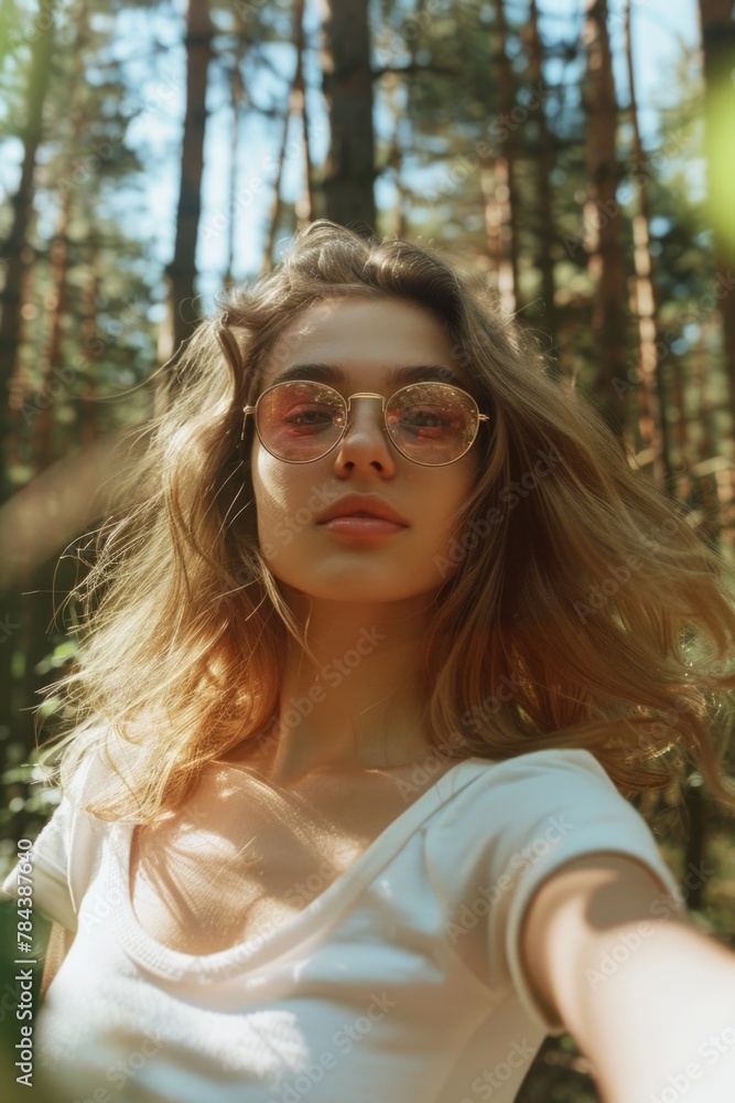 A woman with glasses taking a selfie in the woods. Suitable for social media and technology concepts A woman with glasses taking a selfie in the woods. Suitable for social media and technology concepts