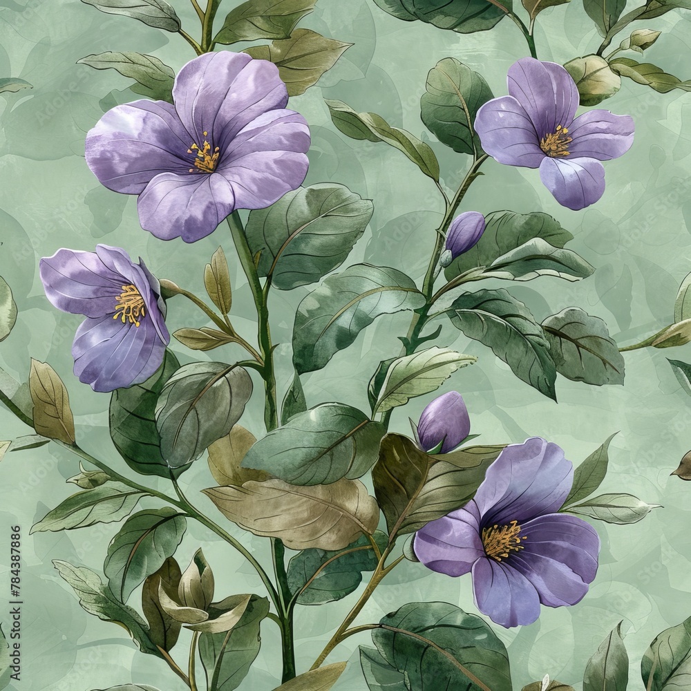A seamless pattern with watercolor violets hand painted on a green background. - obrazy, fototapety, plakaty 