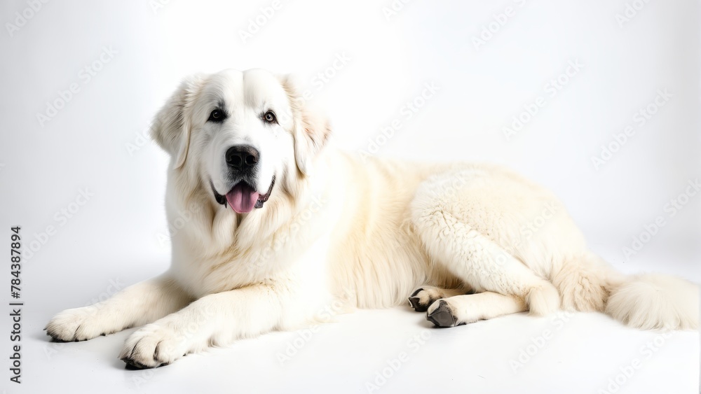 A large white dog lies on a pristine white floor, near a black-and-white photograph depicting a dog A large white dog lies on a pristine white floor, near a black-and-white photograph depicting a dog