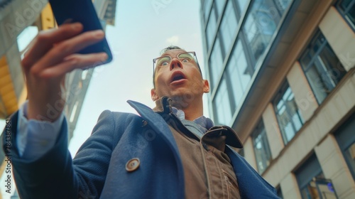 A man in a blue jacket taking a selfie. Ideal for social media and technology concepts