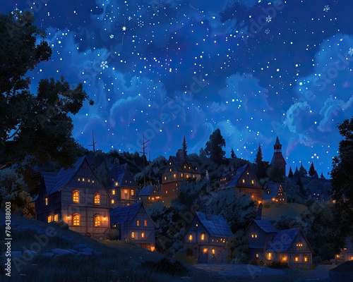 Animated scene of a serene village with houses lit by orange lights under a starry blue sky © 220 AI Studio