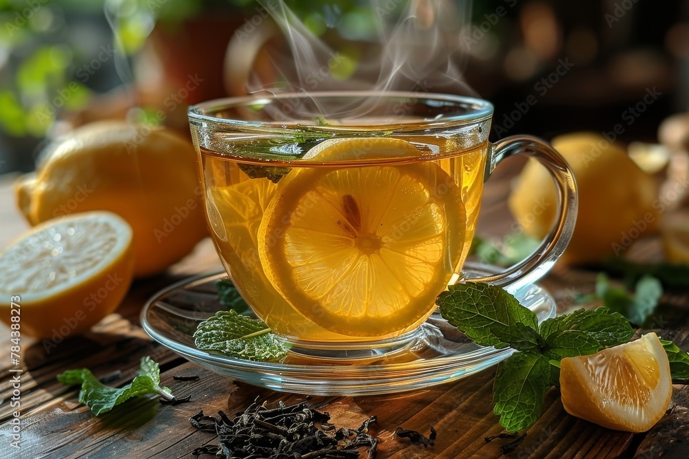 A warm, inviting cup of tea with a slice of lemon and fresh mint leaves, sitting on a wooden surface A warm, inviting cup of tea with a slice of lemon and fresh mint leaves, sitting on a wooden surface