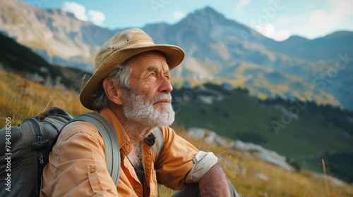  An active senior man resting after hiking in the mountains. An elderly man contemplates enjoying nature.