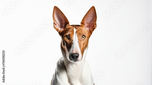  A brown-and-white dog sits on a white floor near two identical white walls