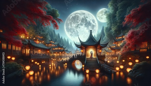 traditional Asian village at night under a full moon. The setting is serene with a calm lake © Henry