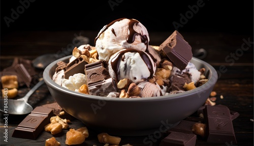 Classic and indulgent rocky road ice cream, in a cup, cinematic food dessert photography 