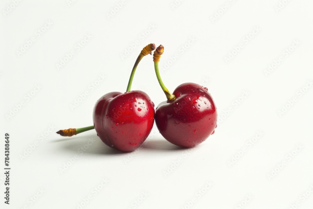Two cherries placed on a white table, suitable for food and fruit concepts Two cherries placed on a white table, suitable for food and fruit concepts