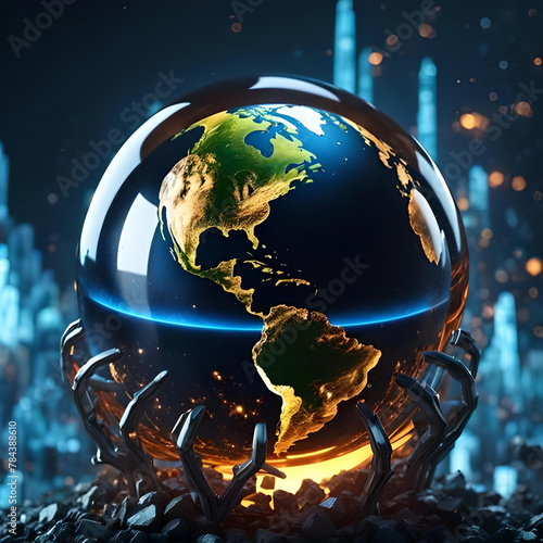 Crystal globe sphere illustration of a planet on the rocks. Concept alluding to the future of planet Earth due to the impact of Global Wgarming. Ecology. Generative AI