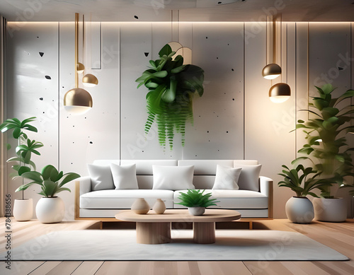 Illustration of modern interior background, living room in minimalist style. Contemporary style, 3D illustration. Cosy living room interior decorated with plants and furniture, Generative AI