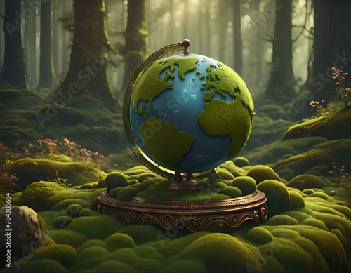 Illustration of globe on a wooden  base resting on moss in a serene forest. Environmental concept of harmony and balance. Generative AI.