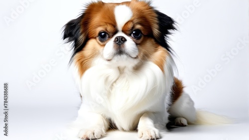   A small brown-and-white dog sits before a white backdrop, expressing a sad countenance © Viktor