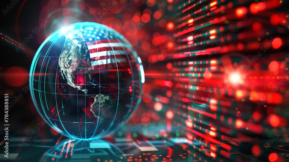 The digital world globe centered on the USA, the concept of a global network and connectivity on Earth, data transfer and cyber technology, information exchange, and international telecommunication - obrazy, fototapety, plakaty 