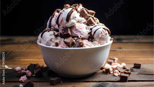 Classic and indulgent rocky road ice cream, in a cup, cinematic food dessert photography 