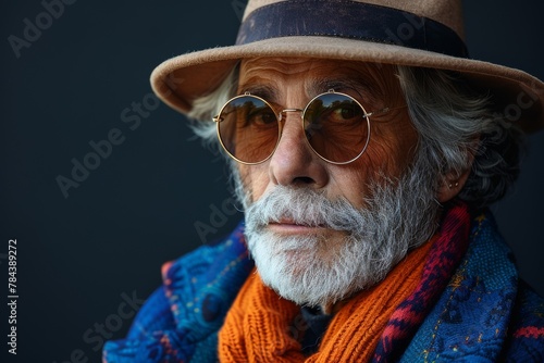 A senior man with a stylish hat and reflective round glasses against a dark background © Larisa AI