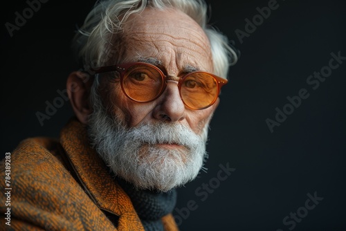 A senior man with white hair and round orange glasses exhibits a deep and reflective look