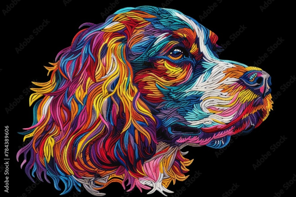 Embroidered illustration  patch featuring a bright, colorful design of a Cocker Spaniel's head,
