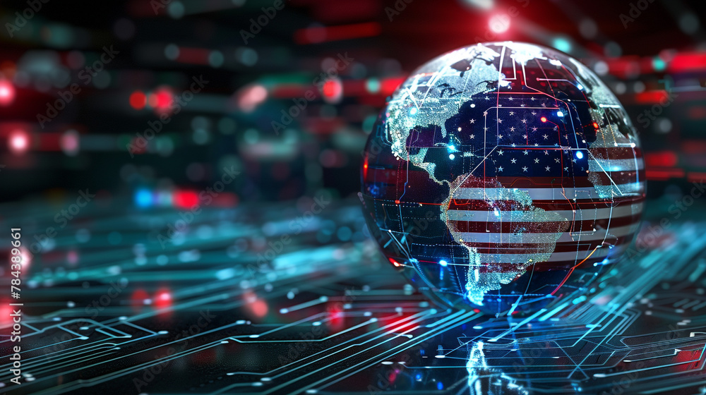 Fototapeta premium The digital world globe centered on the USA, the concept of a global network and connectivity on Earth, data transfer and cyber technology, information exchange, and international telecommunication