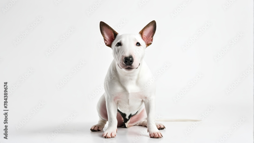   A white dog sits on a white floor Nearby, a black and white dog rests against the same white backdrop