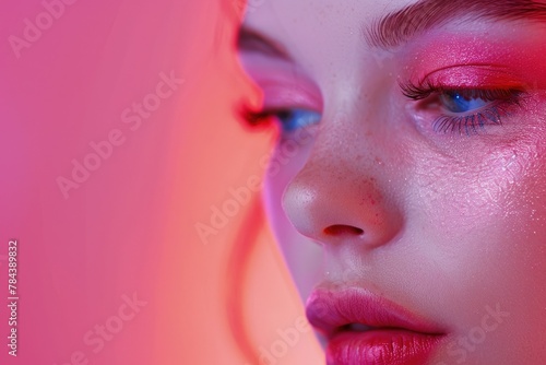 Close up of a woman s face with pink makeup. Suitable for beauty and cosmetics concepts
