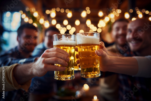 Friends Toasting Drinking Beer Happy Clinking Pint Glasses Together At Bar