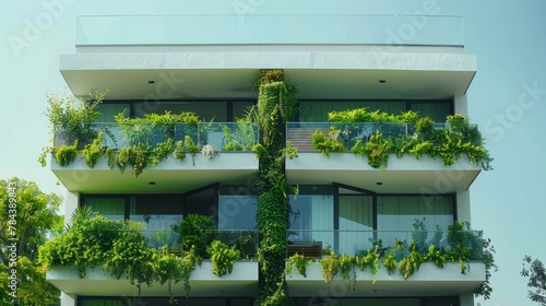 Stylish urban architecture featuring a white residential building adorned with a lush green plant wall