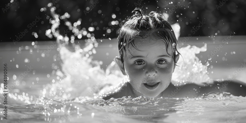 A young child swimming in a pool of water. Suitable for summer and recreational themes