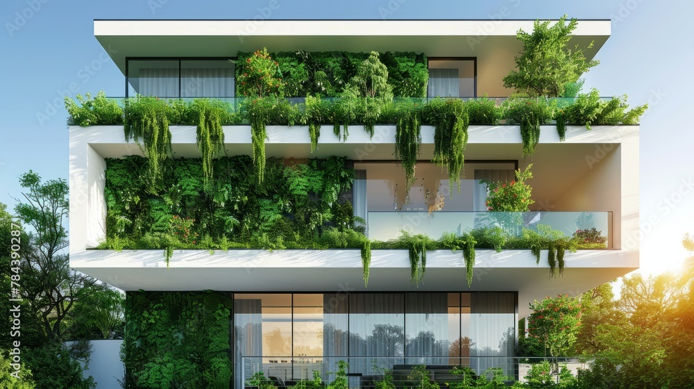 Stylish urban architecture featuring a white residential building adorned with a lush green plant wall