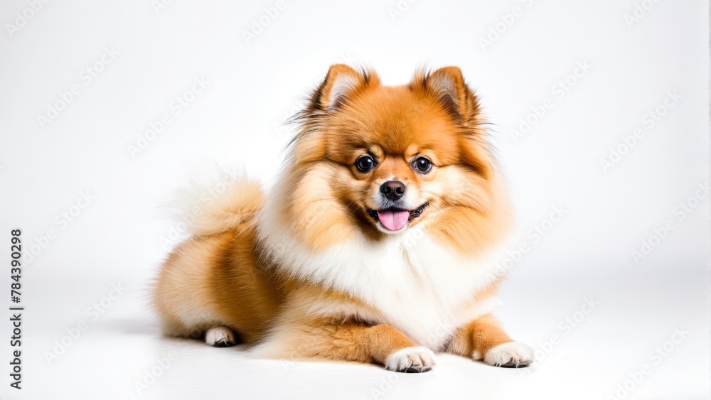 A small brown-and-white dog sits atop a white floor, its mouth agape and tongue extended A small brown-and-white dog sits atop a white floor, its mouth agape and tongue extended