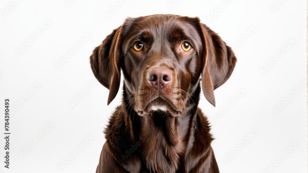   A tight shot of a poised dog's head, displaying profound intensity, set against pristine white