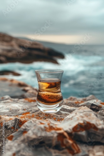 Whiskey glass resting on a rocky surface  suitable for various themes